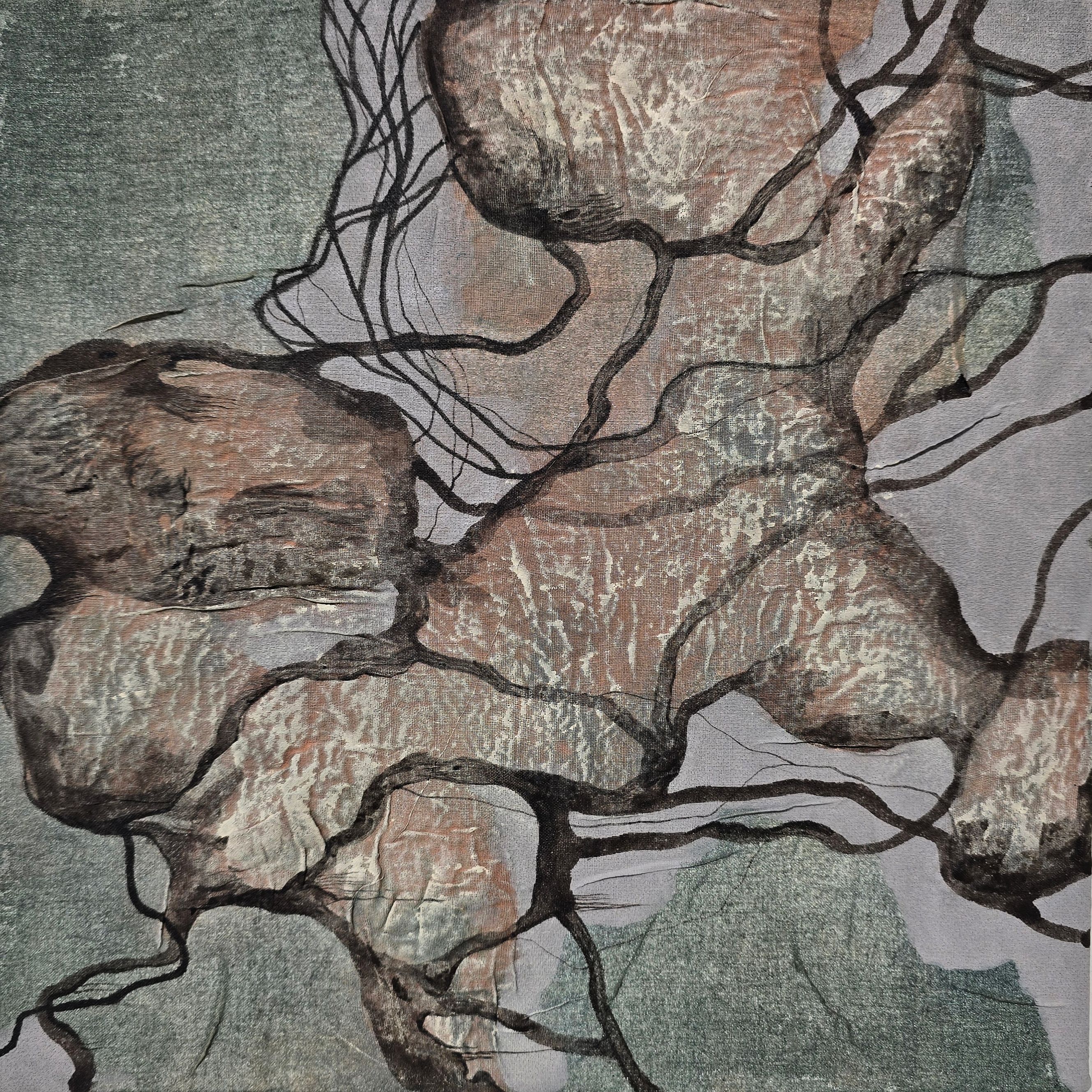 FICTIONAL LANDSCAPE 1, Paint, ink drawings and fabric relief on Canvas