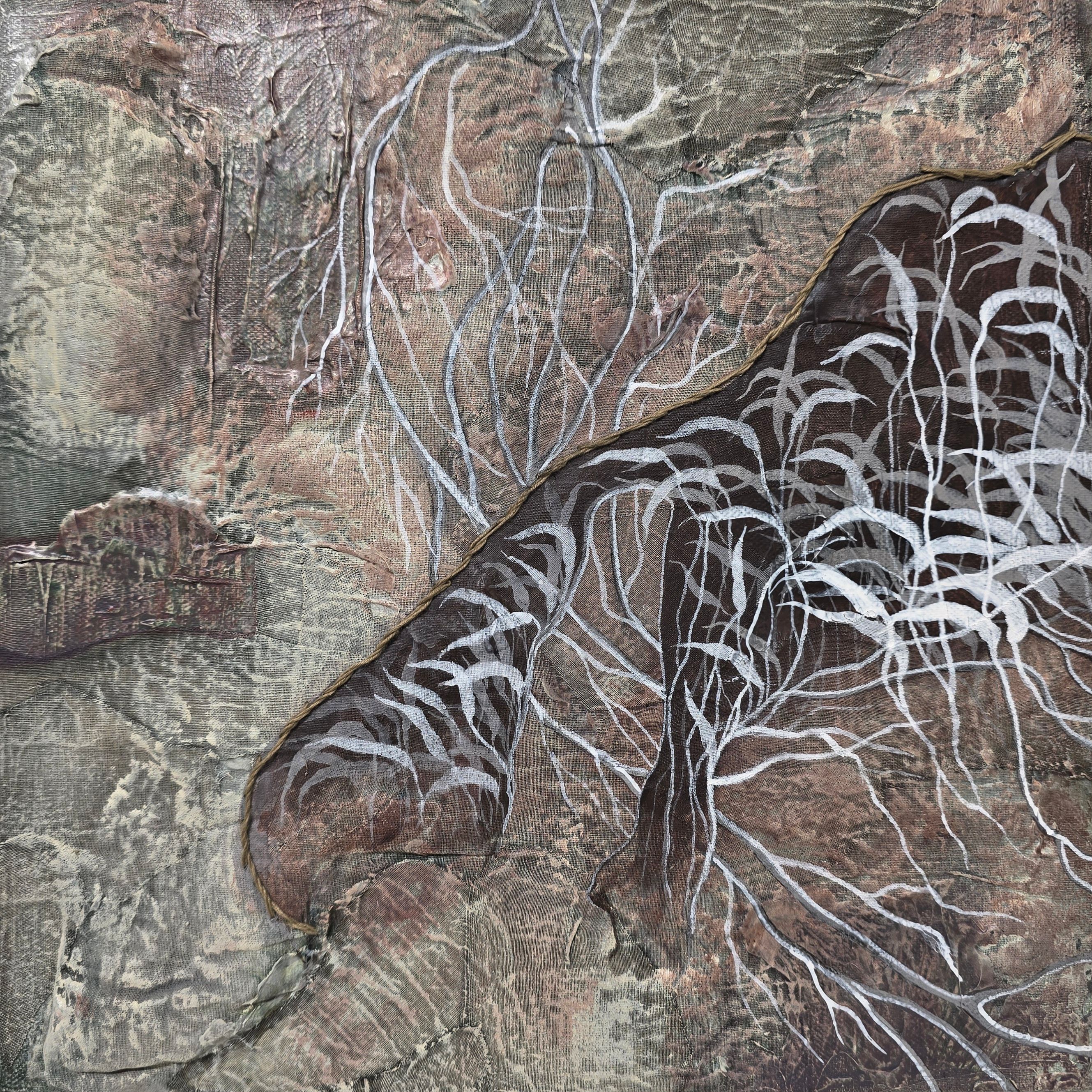 FICTIONAL LANDSCAPE 2, Paint, ink drawings and fabric relief on Canvas