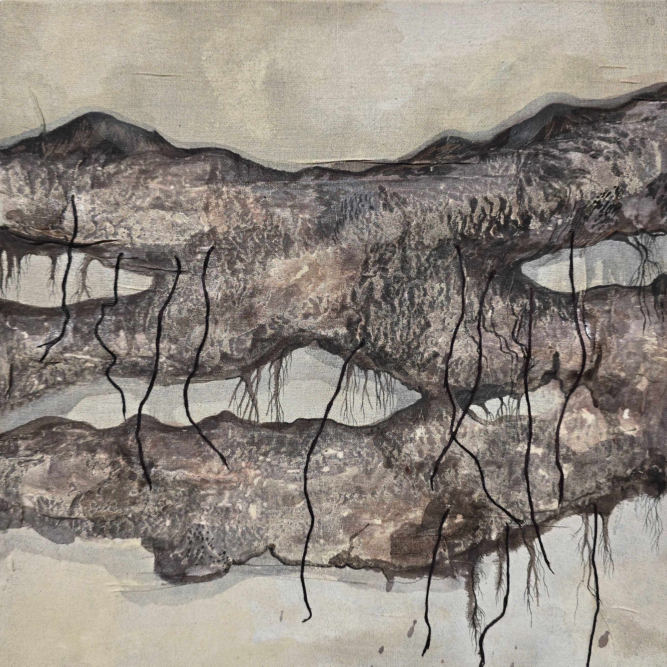 FICTIONAL LANDSCAPE 3, Paint, ink drawings and fabric relief on Canvas