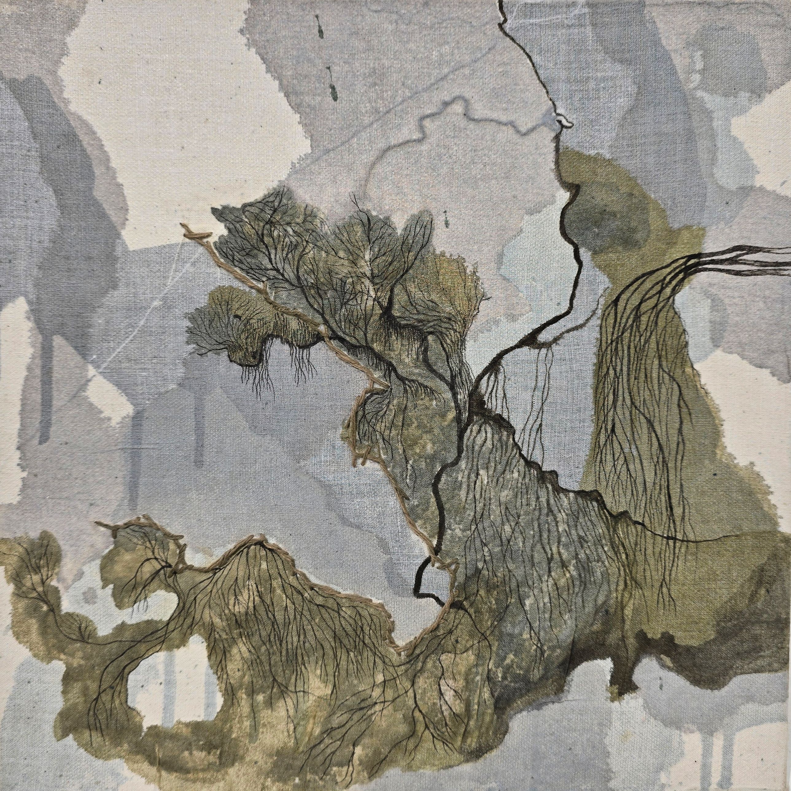 FICTIONAL LANDSCAPE 4, Paint, ink drawings and fabric relief on Canvas