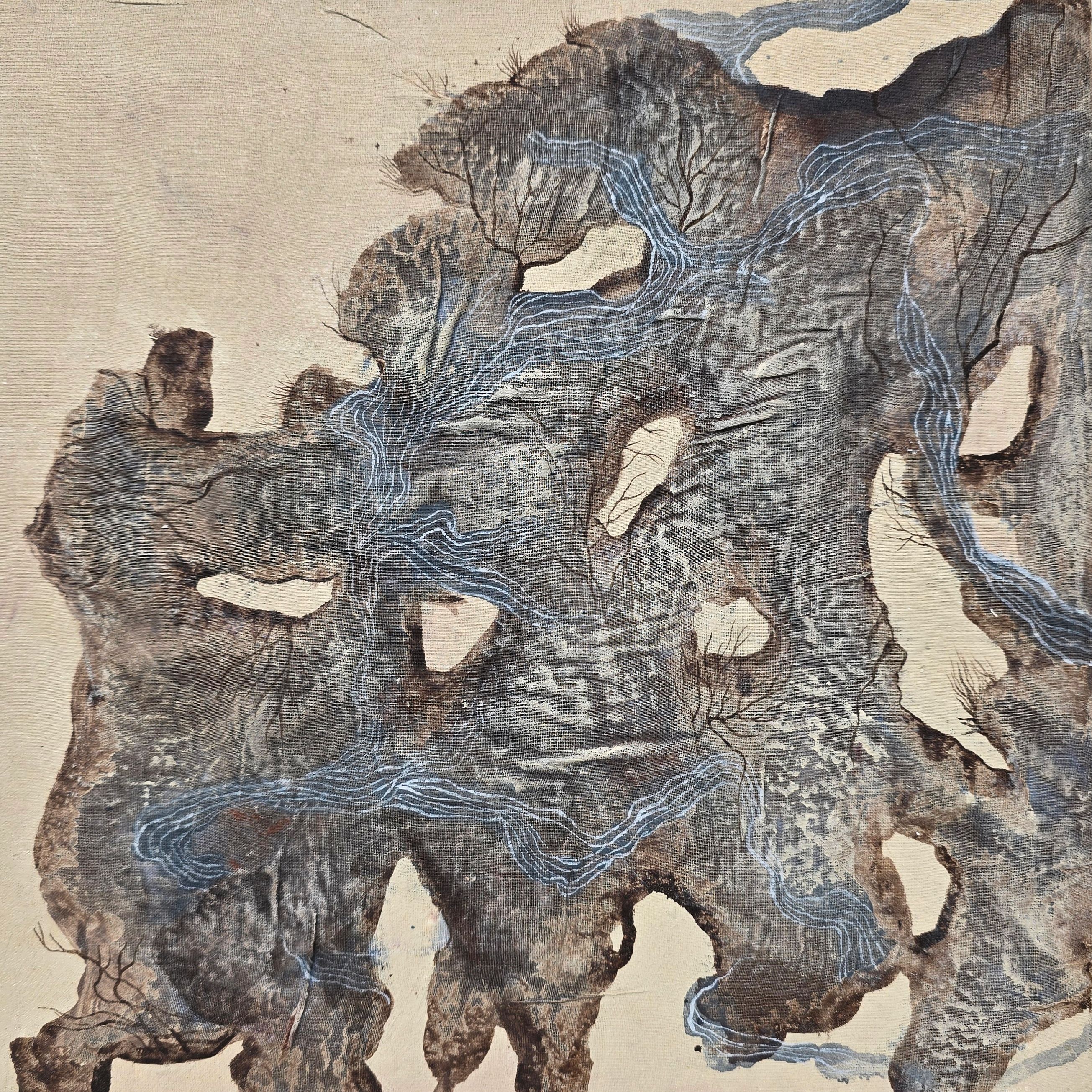 FICTIONAL LANDSCAPE 5, Paint, ink drawings and fabric relief on Canvas