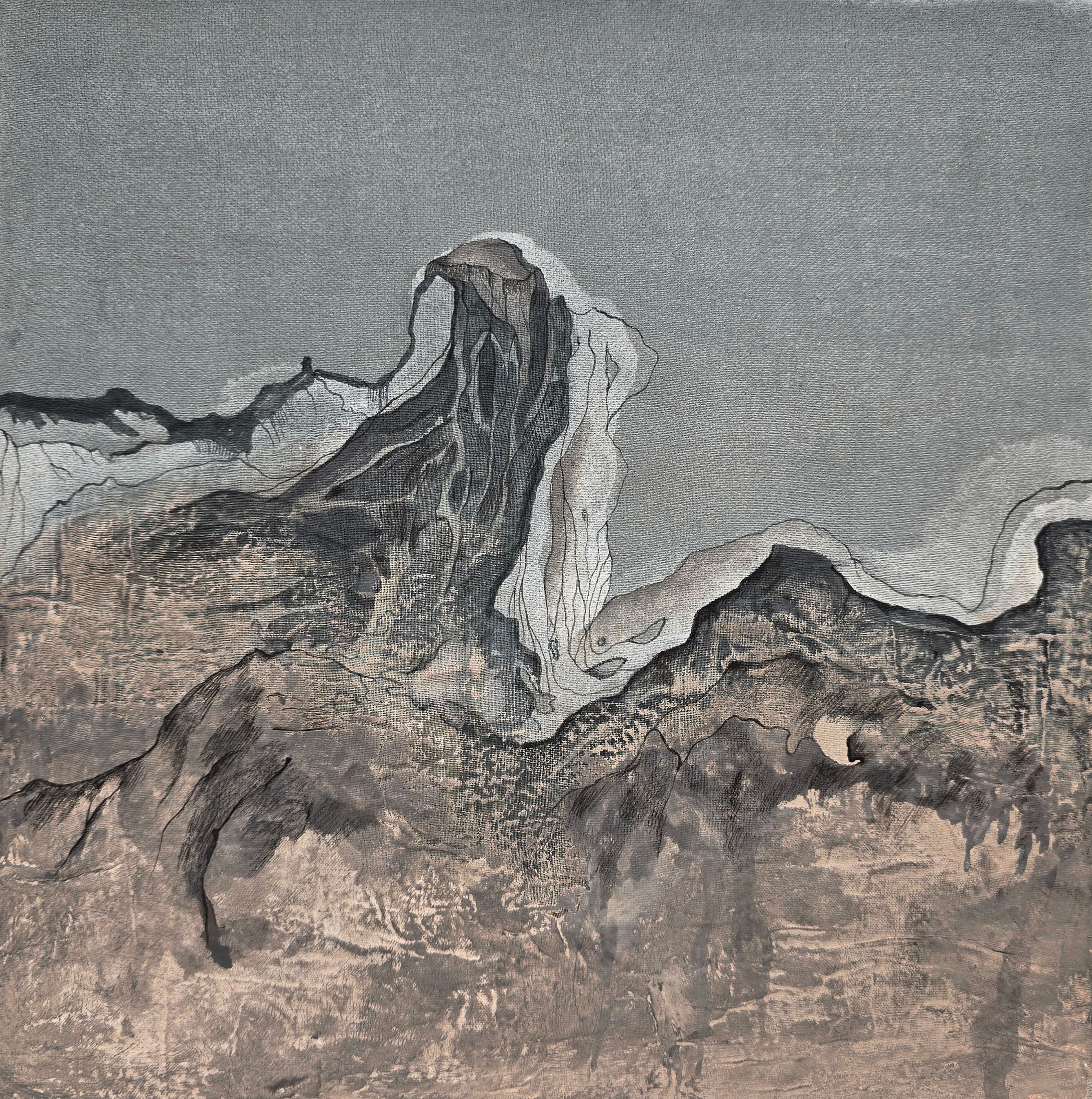 FICTIONAL LANDSCAPE 7, Paint, ink drawings and fabric relief on Canvas