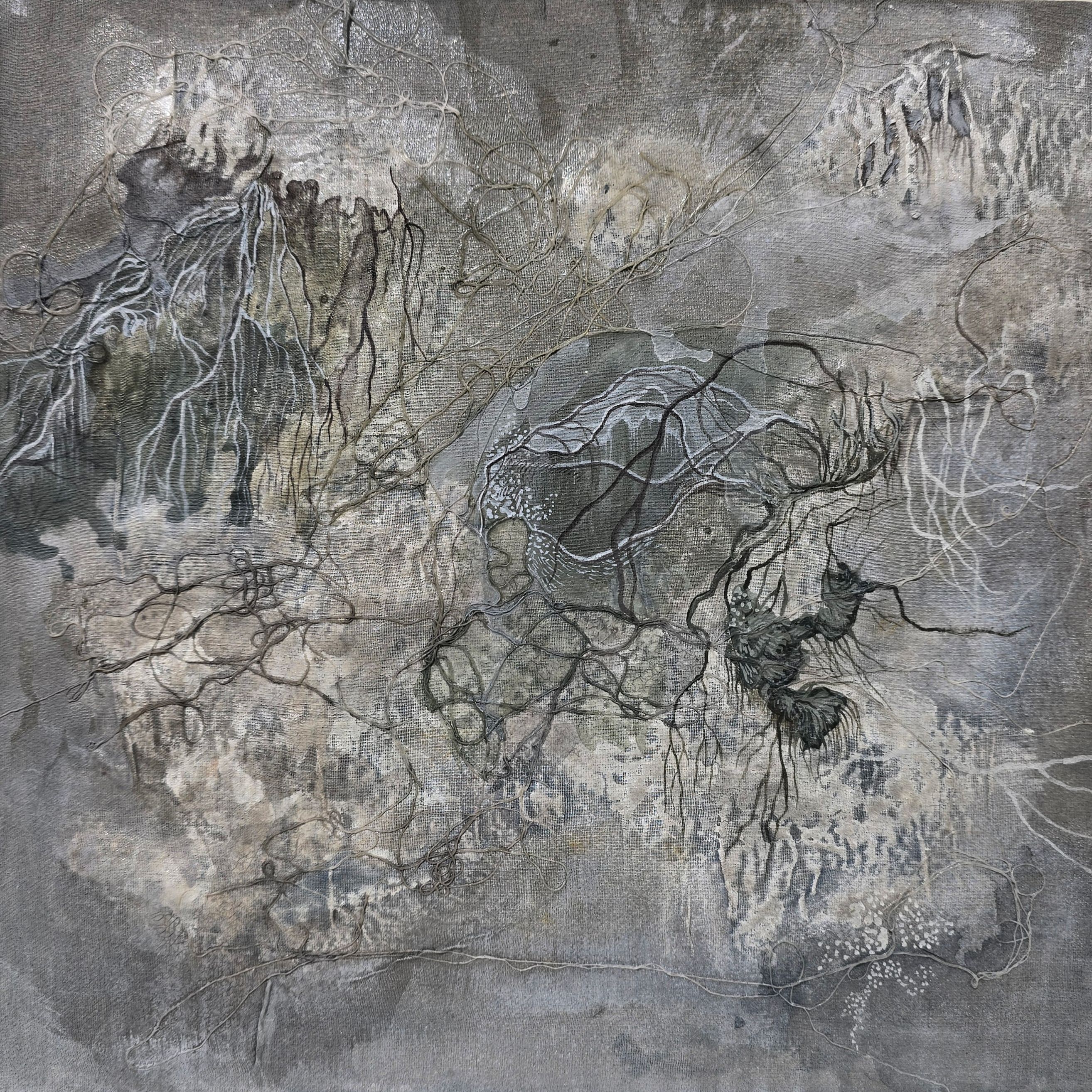 FICTIONAL LANDSCAPE 8, Paint, ink drawings and fabric relief on Canvas