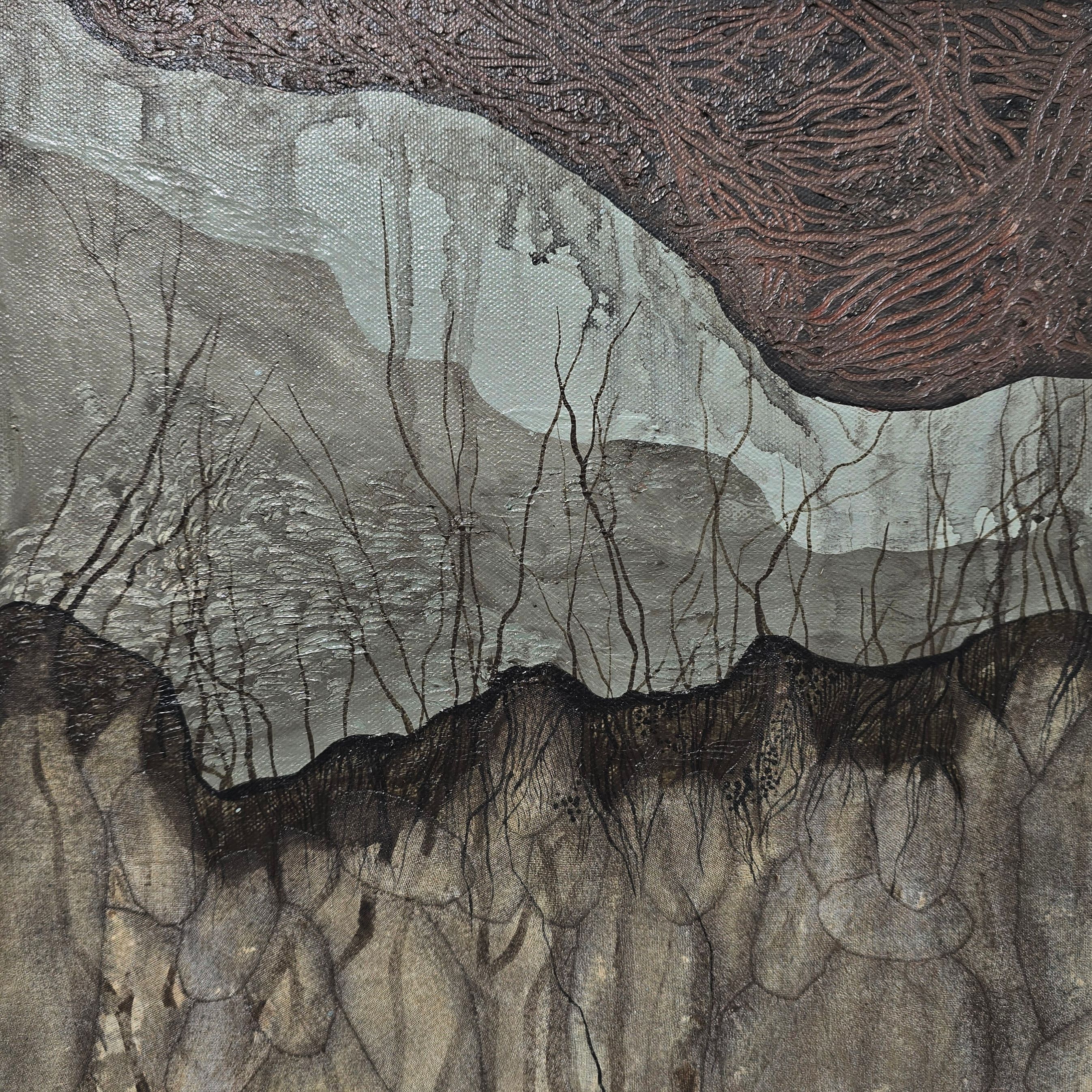 FICTIONAL LANDSCAPE 9, Paint, ink drawings and fabric relief on Canvas