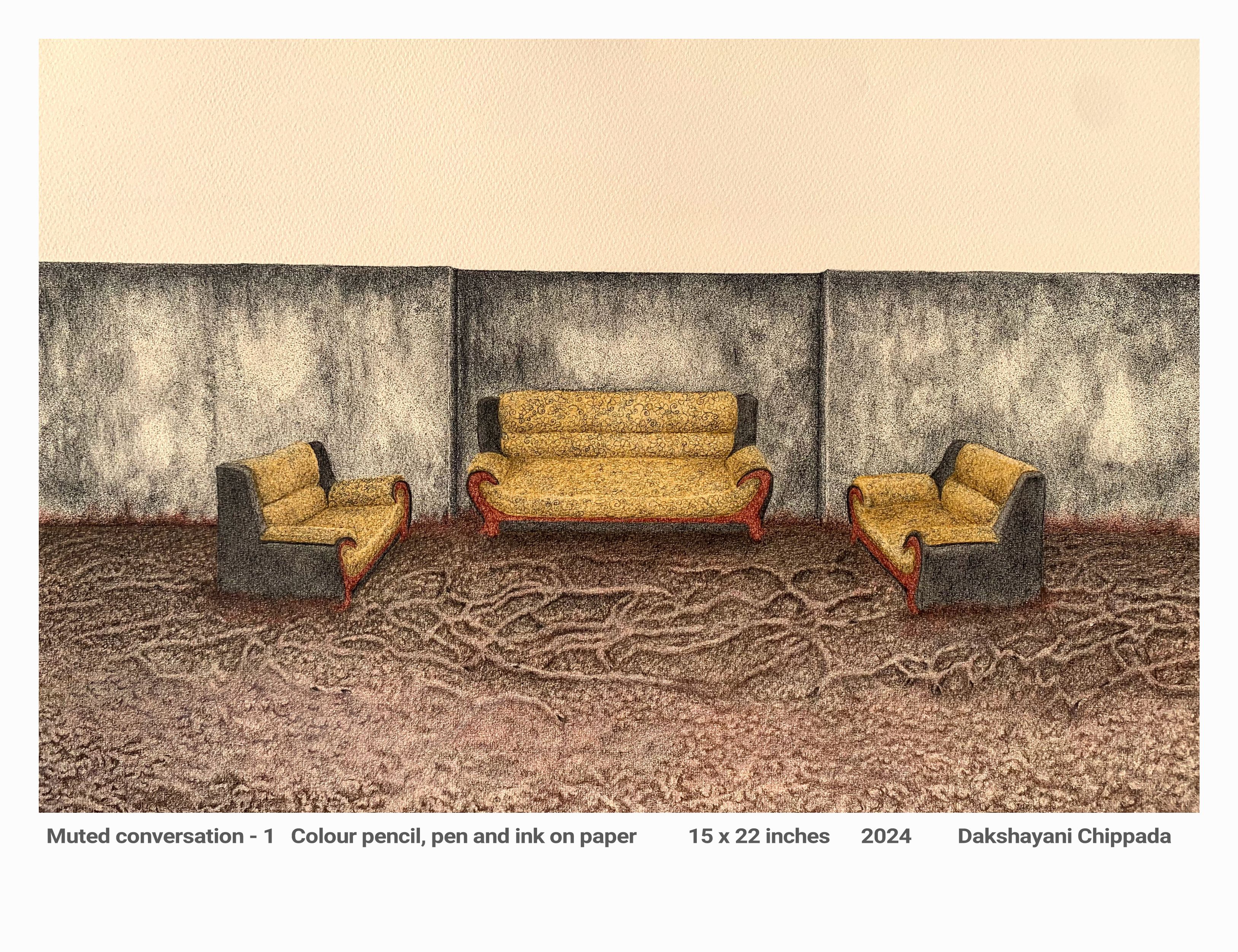 Muted conversation -1 , Colour pencil, pen and ink on paper
